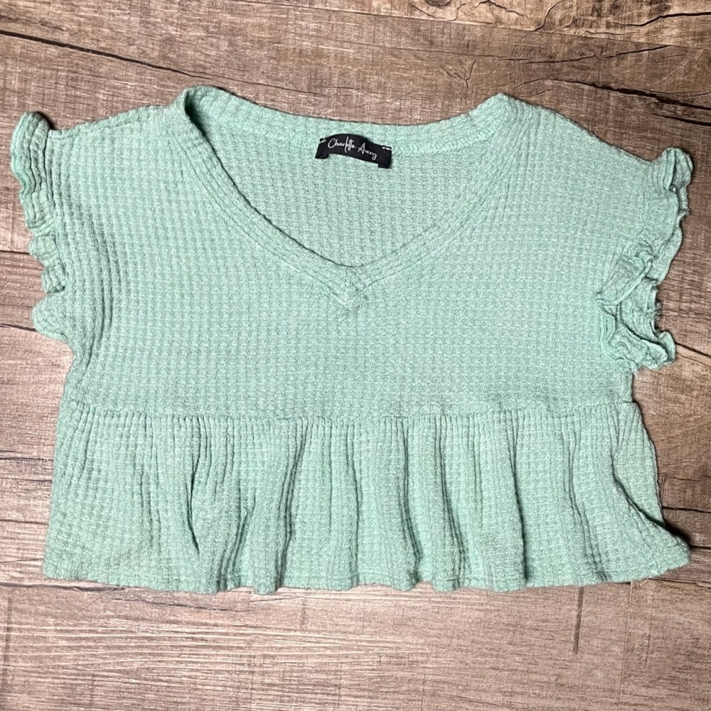 Charlotte Avery Girls Waffle Knit Baby Doll Ruffle Top Size 10 Mint Green Shirt